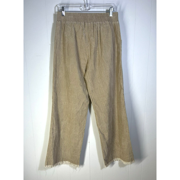 Umgee Wide Leg Frayed Hem Corduroy Pants Size Large Pull on Pockets Beige Boho - Picture 2 of 10